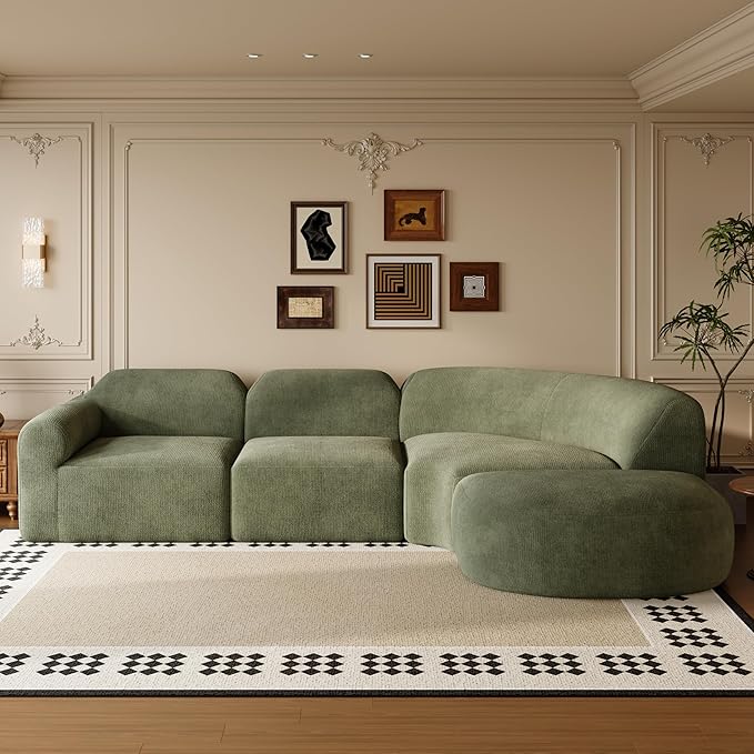 Merax Modern Curved Sectional Sofa with Ottoman Couch 4-Piece Set High-Density Compressed Sponge Fully Assembled Right Hand Facing Plush Deep Seat for Living Room Lounge Apartment Green