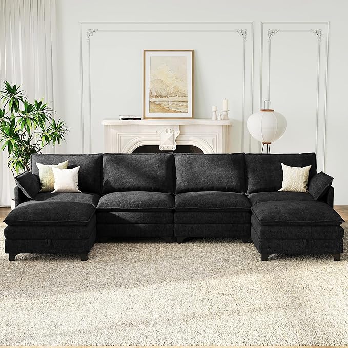 140 U-Shaped Modern Modular Sectional Sofa Chenille Cloud Couch with Storage Ottoman Deep Seat Couches with Side Pocket for Living Room Bedroom and Apartment Dark Grey