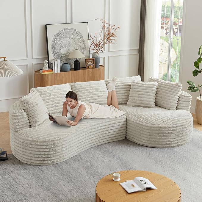 121 Oversized Curved Couch Boneless Couches Sofa with Chaise Deep Seat L-Shape Sectional Sofa for Living Room No Assembly Required (Cream Right Facing Chaise)