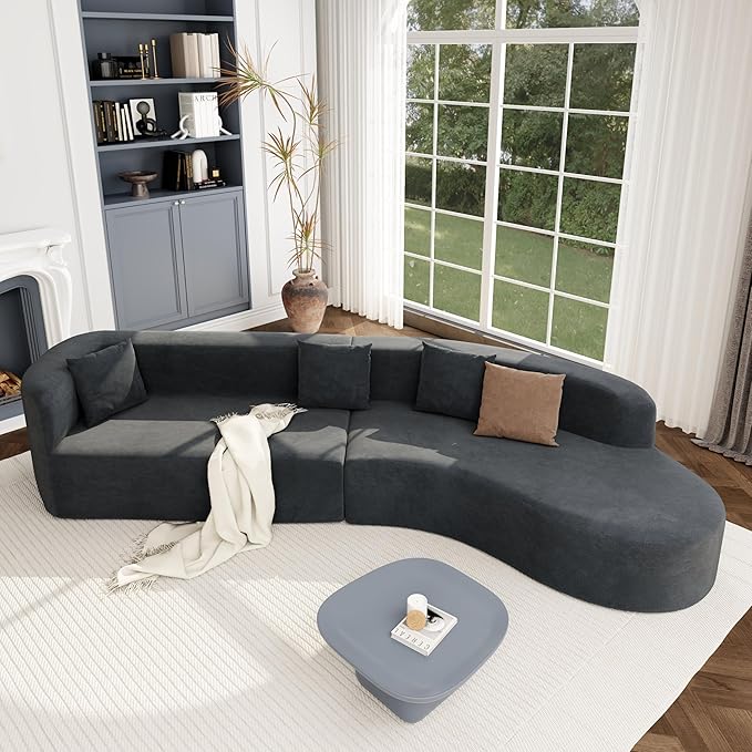 Merax Modern Minimalist Large 2-Piece Sectional Curved Chenille Sofa with 3 Pillows and High-Density Foam for Luxurious Comfort and Seamless for Living Room Bedroom Grey