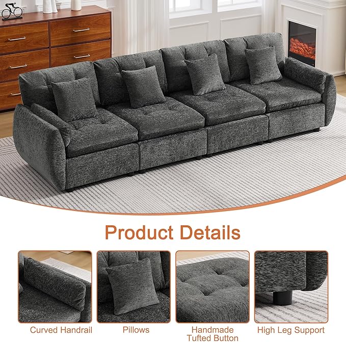 112 Oversized Modular Cloud Sofa Deep Seat Tufted Chenille 4-Seater Sectional Couch with Curved Arms Comfy Sofas for Living Room Dark Grey