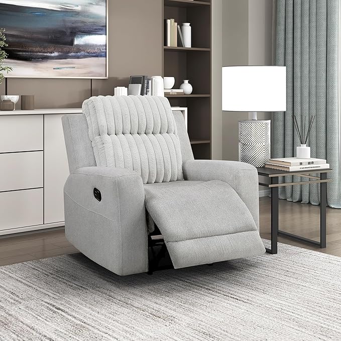 Lexicon Modern Recliner Chair for Living Room Manual Wall Hugger Textured Microfiber Reclining Chair Plush Corduroy Channel Seat Back Manual Recliner Light Gray