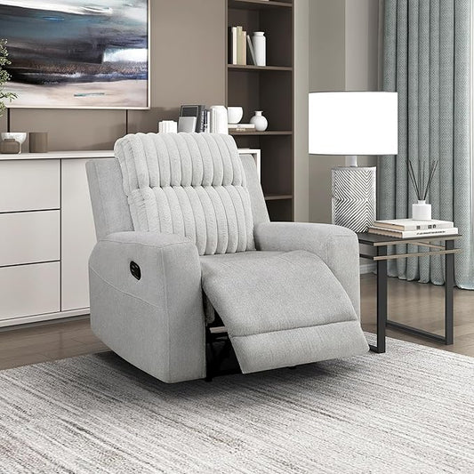 Lexicon Modern Recliner Chair for Living Room Manual Wall Hugger Textured Microfiber Reclining Chair Plush Corduroy Channel Seat Back Manual Recliner Light Gray