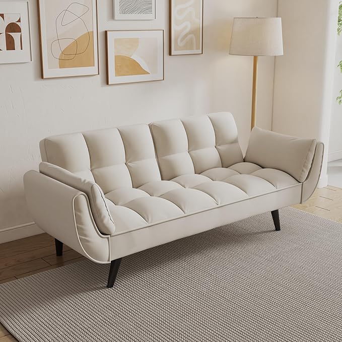Olela Futon Sofa Bed Convertible Sleeper Couch 74 W Modern Velvet Loveseat with Adjustable Backrests and Solid Wood Legs for Living Room Bedroom Small Space (Beige)