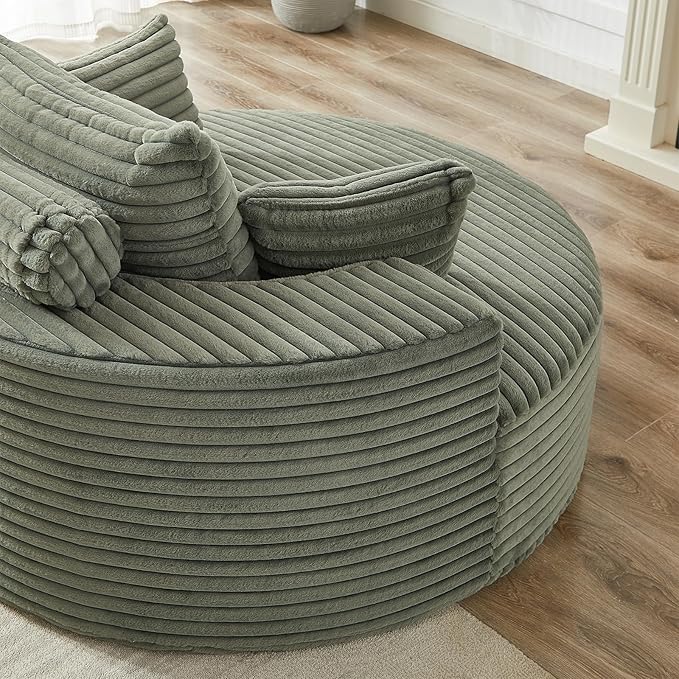 55 inch Chaise Lounge Chair Indoor Oversized Round Accent Chair Modern Corduroy Sponge Single Sofa Fluffy Sleeper Chair Deep Seat Comfortable Chair for Living Room Bedroom Apartment Green