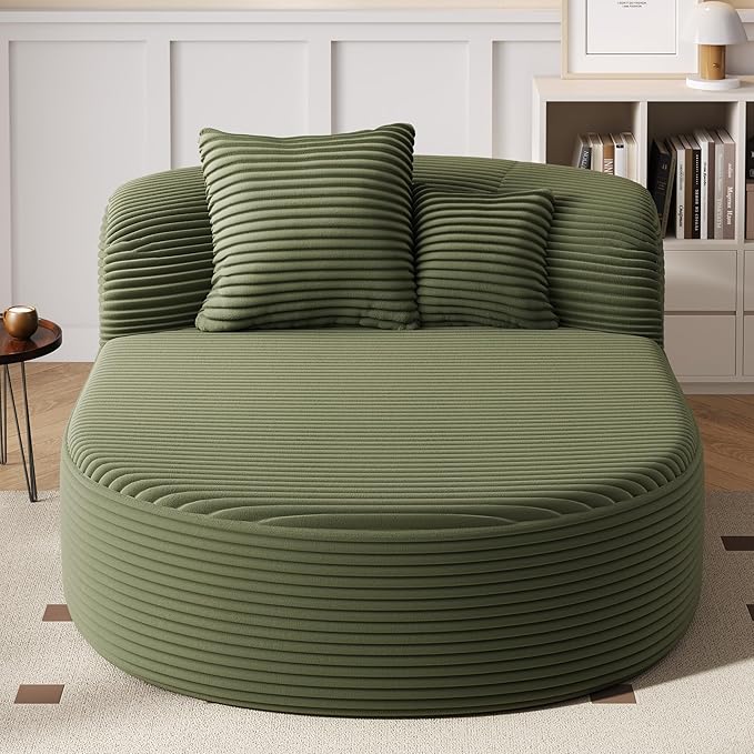 Modern Corduroy Fabric Chaise Lounge Chair Indoor Boneless Couch 51.6 Sofa Bed with Two Supportive Pillows for Living Room Office (Green/R1)