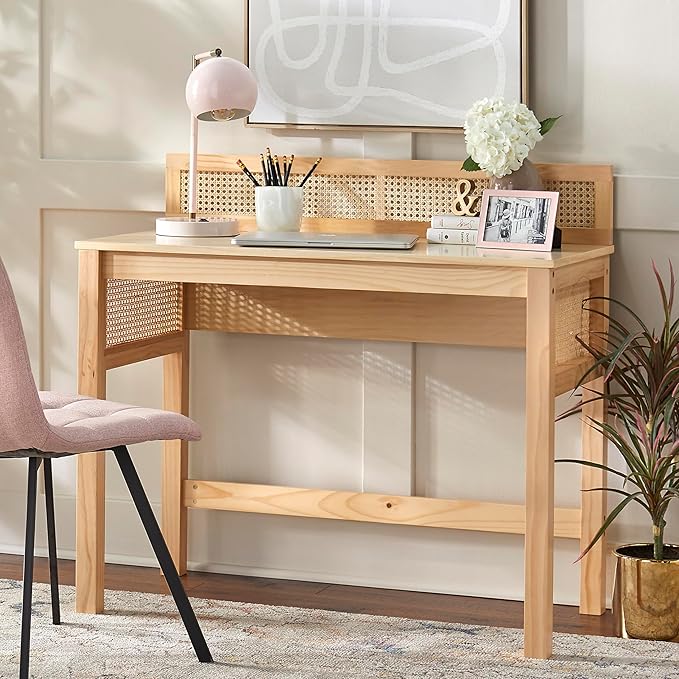 Carro 39 Cane Rattan Computer Desk Chic Woven Panels Decorative Back &amp Side Design Compact Home Office Table Workstation Light Oak