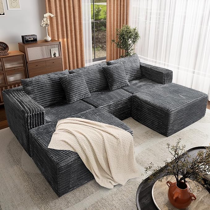 110 Corduroy Modular Sectional Boneless Sofa with 2 Ottomans Convertible Cloud Couch with Deep Seats Fluffy Memory Foam U Shaped Couch for Living Room No Assembly Required (Gray)