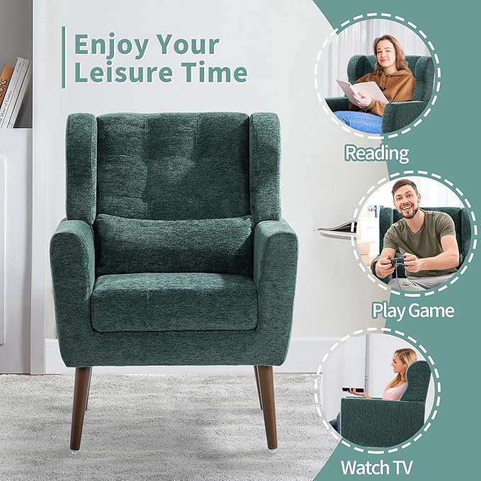 Modern Accent Chair Upholstered Arm Chair with Waist Pillow Single Sofa Chair for Living Room Bedroom Small Spaces (Green)