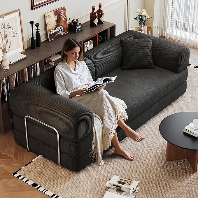 Convertible Sleeper Sofa Bed with Cylindrical Pillow 79 Inch Oversized Corduroy Upholstered Boneless CouchLove Seat Floor Sofas Living RoomSmall Space ApartmentOffice (Black)