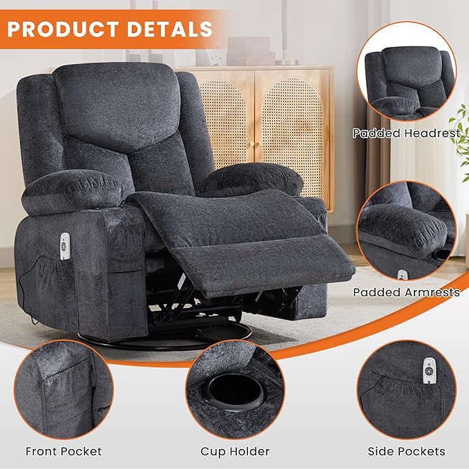 Swivel Recliner Chair for AdultsOversized Rocker Recliner with Massage and Lumbar HeatRocking Chair with Side Pocket2 Cup Holdersfor Living Room