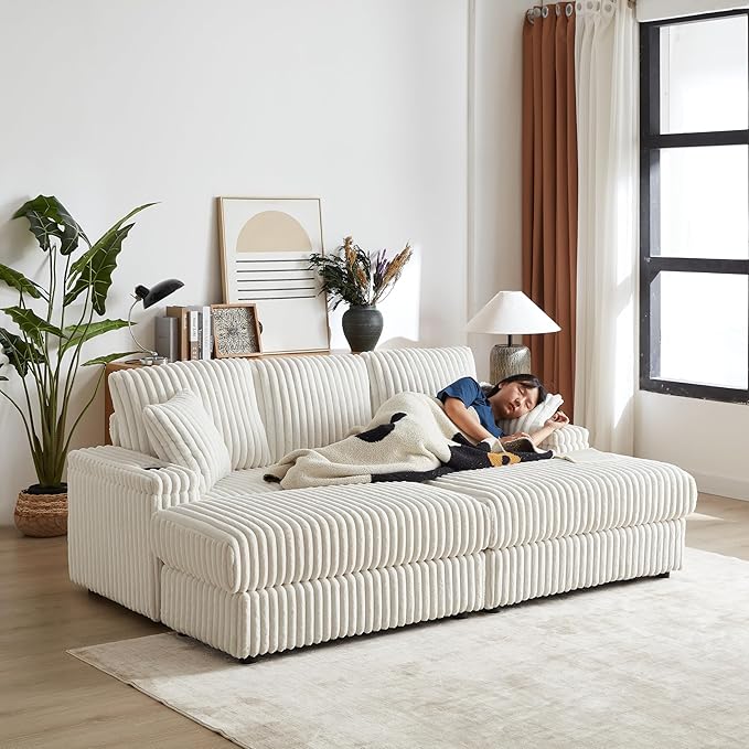 84 Oversized Double Chaise Lounge Indoor Modern Comfy Corduroy Sectional Couch with Ottoman Loveseat Sleeper Sofa Bed with Cup Holder Home Sofa Living Room Apartment (Beige)