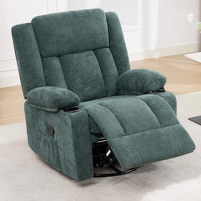 Swivel Rocker Recliner for Adults Manual Lazy Boy Recliner Chair with Cup Holders 360 Degree Rotating Nursery Rocking Chair Glider Recliner for Living Room (Green)