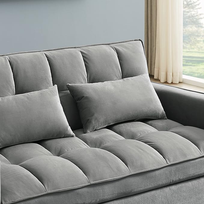Antetek Convertible Sleeper Sofa Bed 3 in 1 Velvet Loveseat Futon Sofa Couch with Pullout Bed Grey 54