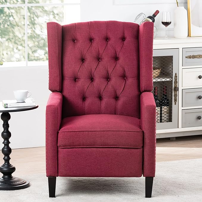GDFStudio Upholstered Manual Wingback Recliner Chair Mid Century Modern Comfortable Chair Couches with Button Tufted Back &amp Footrest Lounge Armchair Accent Easy Couches for Living Room Wine Red