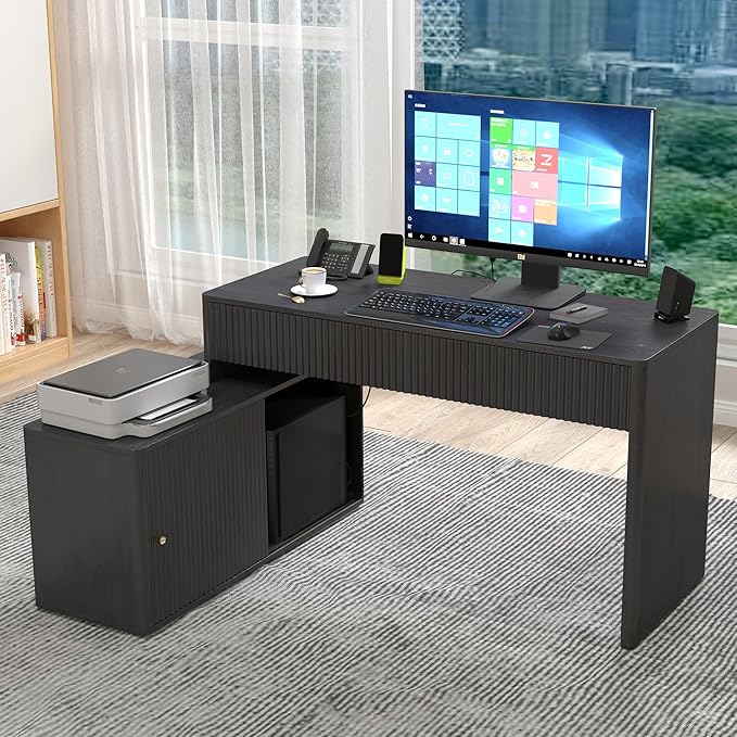 Modern Computer PC Desk Table with Storage Corner L Shaped Desk with Drawers Home Office Desk for Bedroom and Small Space for Writing Executive Study Work Vanity - Black