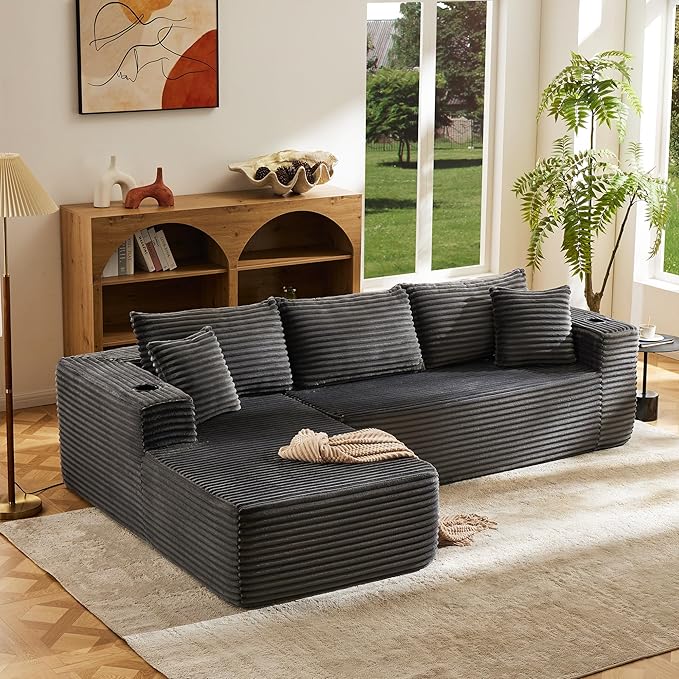 Modular Compressed Sectional Sofa Set – Velvet Corduroy Upholstery Convertible Couch with Cup Holders and Pillows for Living Room Grey