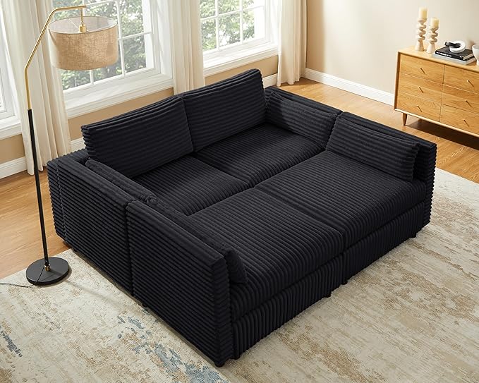 VANOMi 82 Modular Sectional Sofa Bed with Storage Ottomans Convertible Comfy 4-Seater Corduroy Cloud Couch Modern Sleeper Chaise for Living Room (Black Sleeper Bed-3)