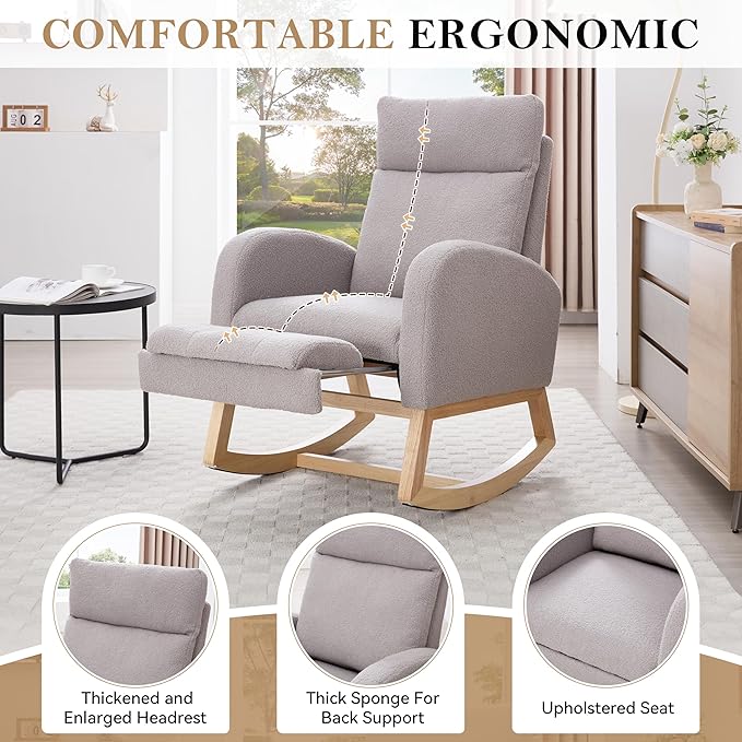 Setawix Teddy Rocking Glider Chair for NurseryUpholstered Living Room Rocker Arm ChairLeisure Sherpa Wingback ArmchairMid Century Modern Rocking Accent Chair with Side Pockets (Teddy Grey)