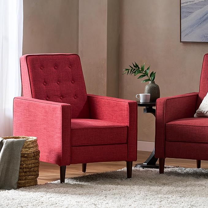 Mid-Century Fabric Rocker Recliner Chair with Tufted Design Adjustable Single Recliner Sofa with Thicker Seat Cushion with Pocket for Living Room Bedroom Apartment (Red Style1)