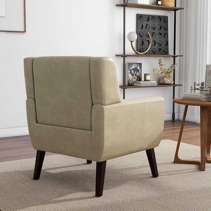 Accent Chair Mid-Century Modern PU Leather Chairs with Arms for Living Room Comfy Upholstered Club Single Sofa Armchair for Bedroom Waiting Room with Solid Wood Frame（Leather Cream Set of 2