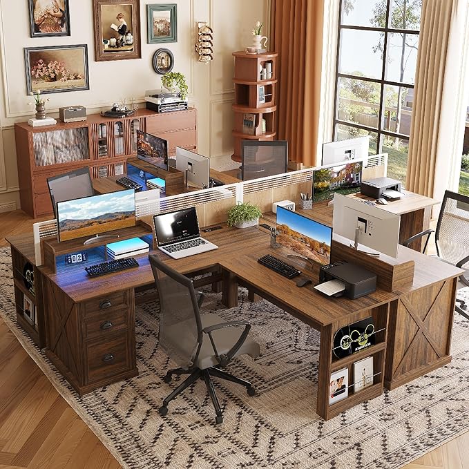 L Shaped Desk with Monitor Stand Farmhouse Computer Desk with LED Lights Executive L Corner Desk with Power Outlets Home Office Desk with Storage File Drawers for Home Working Gaming Walnut
