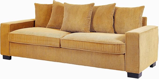 Luxe Corduroy Sofa with 5 Matching Toss Pillows Sleek Design Spacious and Comfortable 3 Seater Couch for Modern Living Room 88 Wide Ginger