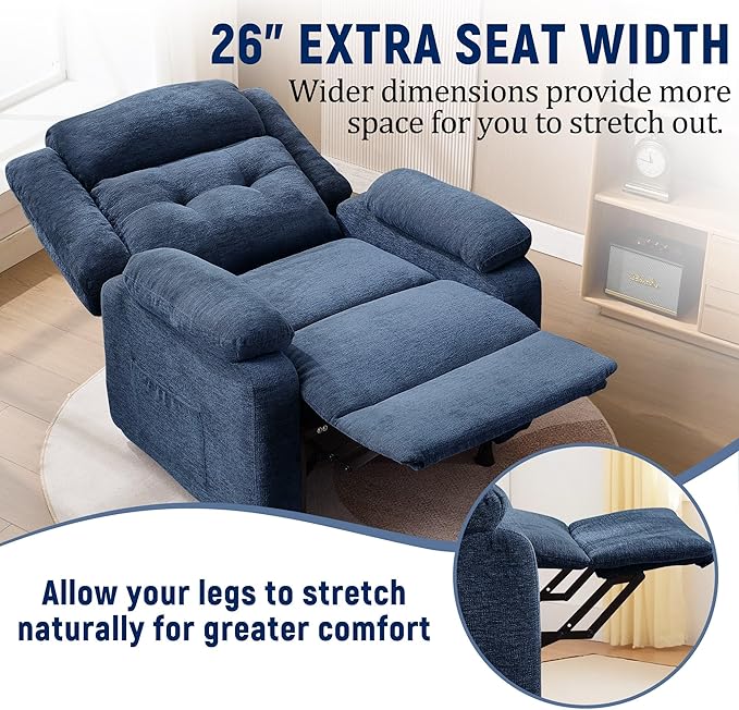 Power Recliner Chair for Adults Oversized Electric Recliner with Thickened Cushions Chenille Fabric Reclining Chair for Living Room Bedroom Blue