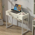 Manora Compact Computer Desk with Power Outlets 2 Drawers and Metal Frame 31.5 Small Desk for Home Office Study or Makeup Area White