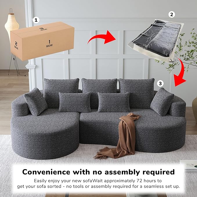 105 Boneless Chenille Upholstered Oversized Sofa Sectional 4-Seater 29.8 Deep Seat Curved Cloud Couch with 7 Pillows Free Combination Sofa Couch for Living Room (Grey 105 Left Lounge)