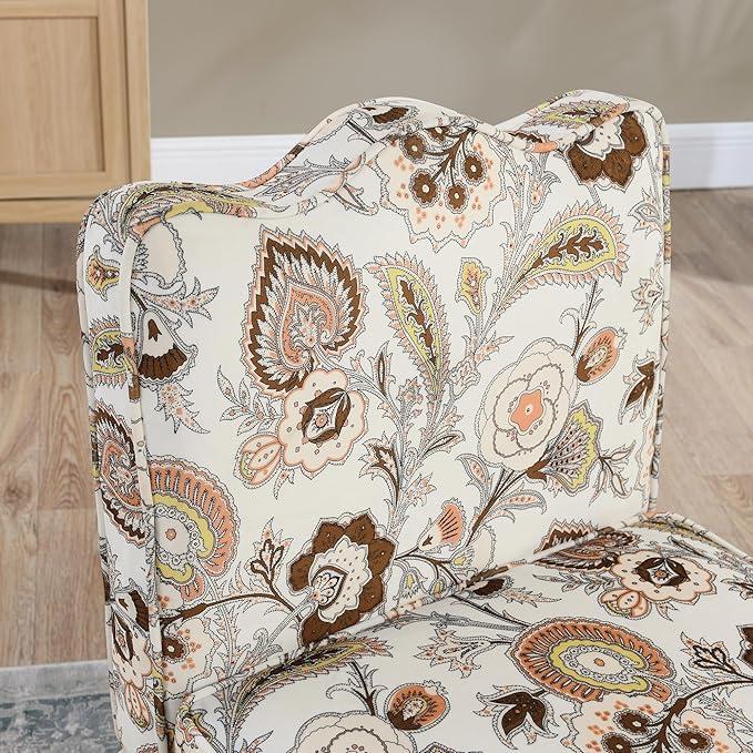 TTK Flannel Upholstered Accent Chair - Retro Single Sofa Chair with Floral Pattern Armless Lounge Chair with Removable Cushion &amp Pillow Comfortable Dining Chair for Living Room (Brown)
