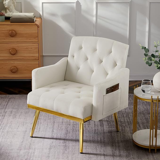 kevinplus Velvet Accent Chair Living Room Chair Leisure Single Sofa Chair Comfy Vanity Chair for Bedroom Modern and Mid-Century Armchair Sitting Chair for Reading Relaxing Gold Metal Leg White