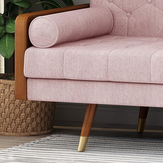 GDFStudio Aidan Mid-Century Modern Tufted Fabric Sofa Light Blush and Dark Walnut