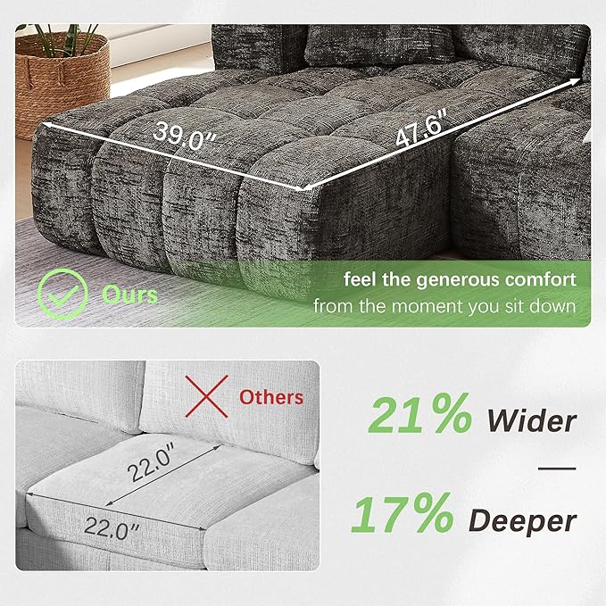 108 Luxury L-Shaped Sectional Sofa 4-Seater Modular Cloud Couch with Pillows Chenille Upholstered Full Foam Floor Sofa for Living Room No Assembly Brown