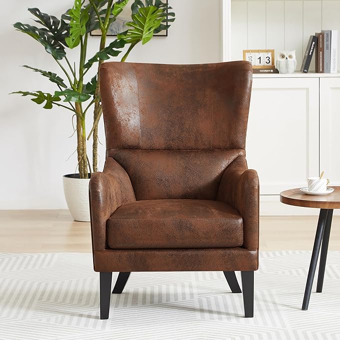 Christopher Knight Home Elber Mid-Century Modern Wingback Accent Chair Faux Suede Upholstered Club Chair with Cushion Wooden Living Room Lounge Chair for Reading Relaxation Brown