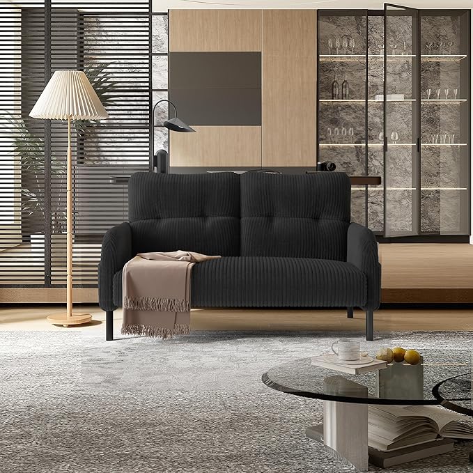 47 Loveseat Sofa Small Couches for Small Spaces Comfy Corduroy Solid Wood Frame Modern Deep Seat 2 Seater Couch with Side Pockets for Bedroom Living Room Apartment Office (Gray)