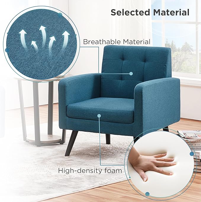 Yaheetech Mid-Century Accent Chairs Modern Upholstered Living Room Chair Cozy Armchair Button Tufted Back and Wood Legs for Bedroom/Office/Cafe Navy Blue