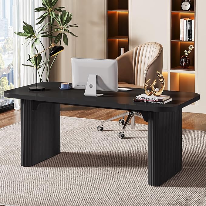 Tribesigns 62-Inch Modern Executive Desk Wood Office Desk Large Aesthetic Computer Desk with Double Pedestal Workstation for Home Office (Black)
