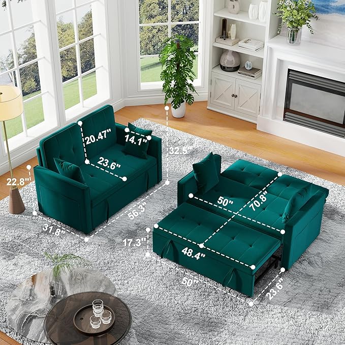 Loveseat Sleeper Sofa Bed Couch: Queen Sleeper Chair Pull Out Bed for Living Room Green Velvet Couch Beds for Small Spaces 3 in 1 Convertible Sofa with Armrests