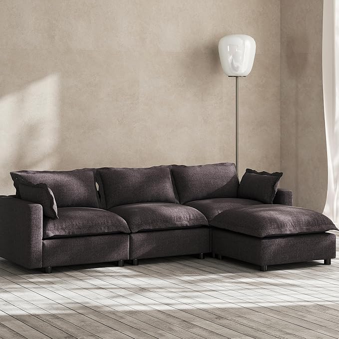 Modern Couch Modular Sectional Sofa 97 L-Shape Cloud Couch with Ottoman for Living Room Bedroom Reading Study Waitting Room Linen Fabric-Charcoal Dark Grey