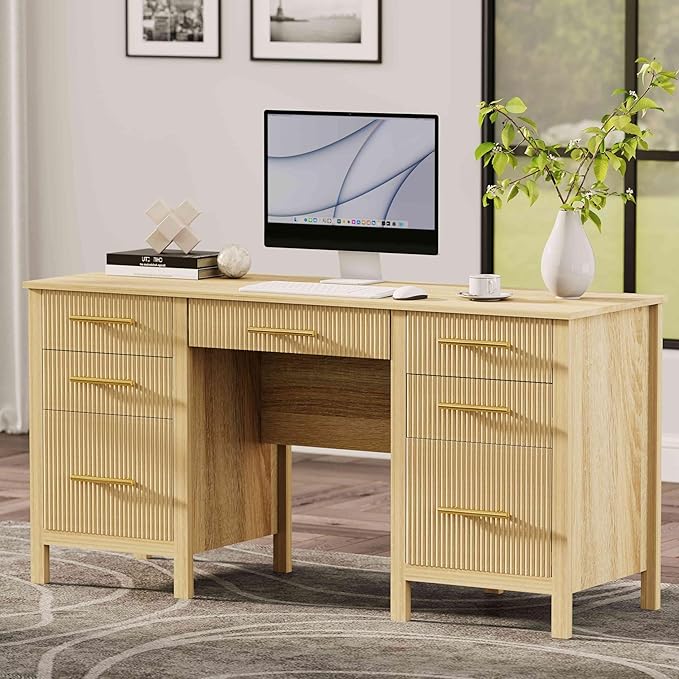 Modern Executive Desk with Drawers: 60 Oak Home Office Desks with File Drawers Wood Fluted Computer Writing Desk for Work Study and Living Room (60)