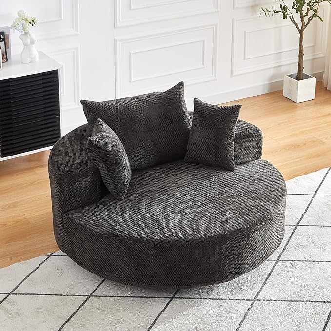 55 inch 360° Swivel Accent Chair Chaise Lounge Chair Indoor Oversized Round Swivel Accent Chair Modern Chenille Single Sofa Chair Deep Seat Chair for Living Room Bedroom Apartment Black