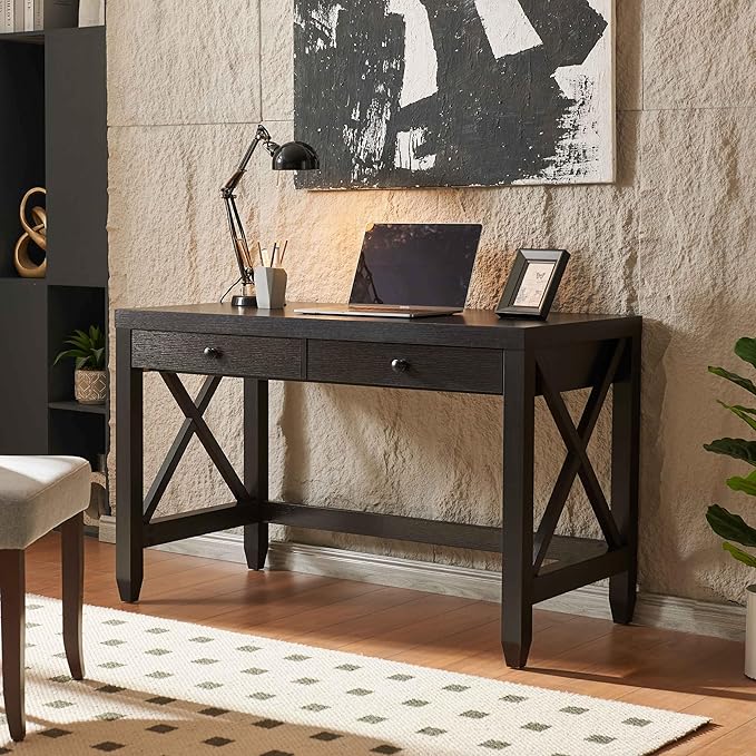 Home Office Desk with 2 Thick Wooden Knob Drawers | Pre-Assembled 3/4 Extension Metal Glides | X-Brace Leg Frame for Stability | Classic Design for Workspace Productivity