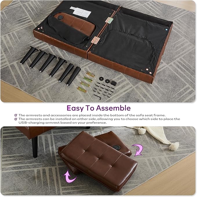 TYBOATLE 65“ Convertible Futon Sofa Bed w/ 2 USBTufted Small Adjustable Folding Couch Loveseat Modern Mid Century Faux Leather Sleeper Sofa for Living Room BedroomOffice Brown