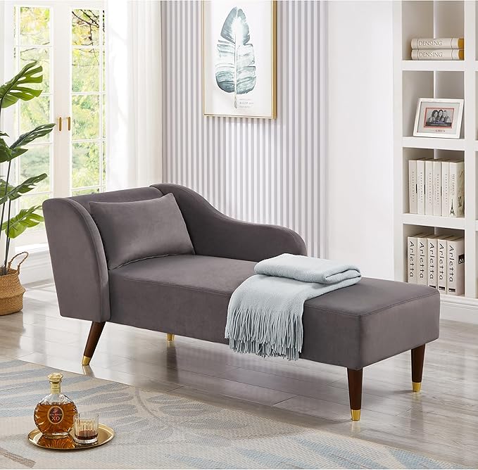 58 Modern Velvet Sofa Chaise with Tilted Backrest Comfortable Luxurious Lounge Chair with Curved Armrests Stylish Sofa Couch with Solid Wood Legs for Study Room Apartment Bedroom Living Room Grey