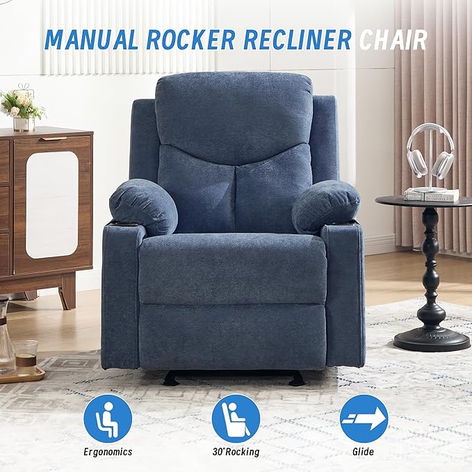 Manual Rocker Recliner Chair for Adults with Vibration MassageGlider Rocking Recliner Chairs for Living Room Bedroom Overstuffed Reclining Sofa Chair with Pockets and Cup Holds (Blue)
