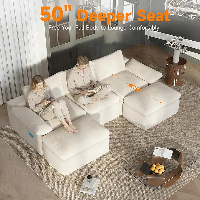 5 Seater Modular Sectional Cloud Couch 108 ”Comfort U-Shaped Boneless Couch for Living Room Deep Seat Sofa Bed with 2 Movable Ottoman High-Res ilience Sponge No Assembly Required White