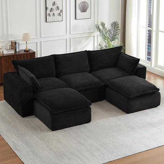 Modern U Shape Boneless Couch 109.4 Modular Sectional Sofa with 2 Ottoman Comfy Corduroy Cloud Sofa with Deep Seat &amp Double-Layer Cushion Convertible 5 Seater Sleeper Couches for Living RoomB