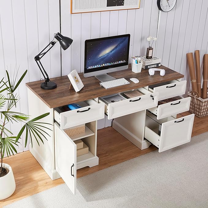60 Farmhouse Executive Desk with Charging StationHome Office Desk with 4 Drawers &amp 1 Cabinet&amp1 File CabinetMain Drawer with LockWood Desk for Office and Home