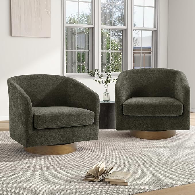 Swivel Barrel Chair Modern Round PU Leather Accent Armchair for Living Room Bedroom Oversized Comfy Club Reading Chairs for Adults (Chenille Tan Set of 2)